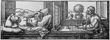 Durer-Draughtsman-making-a-perspective-drawing-of-a-reclining-woman